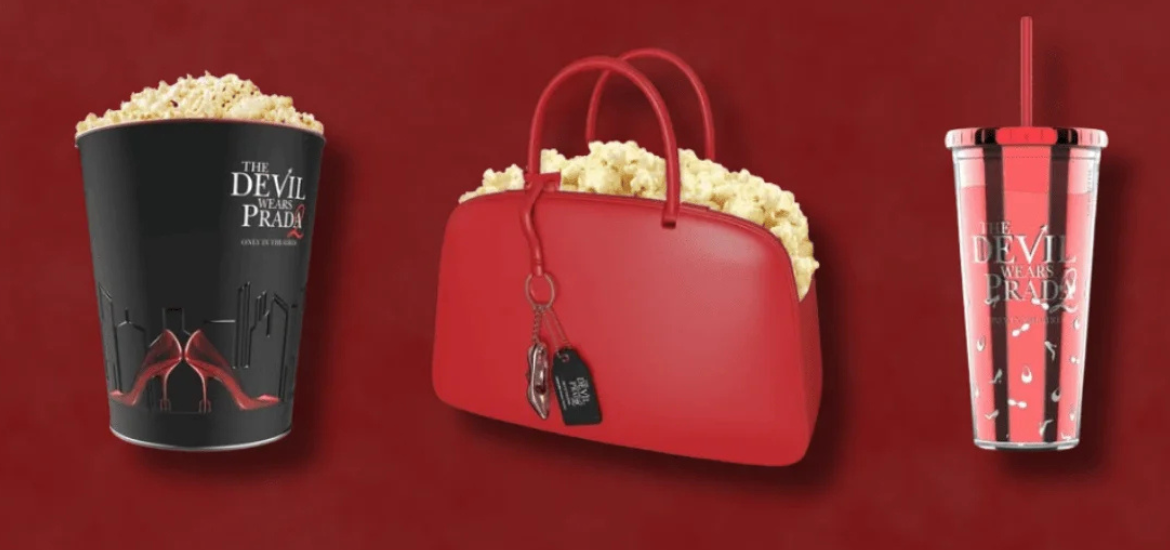 Com a estreia de O Diabo Veste Prada 2 se aproximando, redes de cinema nos Estados Unidos começaram a divulgar uma série de itens colecionáveis que acompanharão os tradicionais combos de pipoca e refrigerante nas sessões. Entre os produtos que mais chamaram atenção está um balde de pipoca em formato de bolsa de mão.