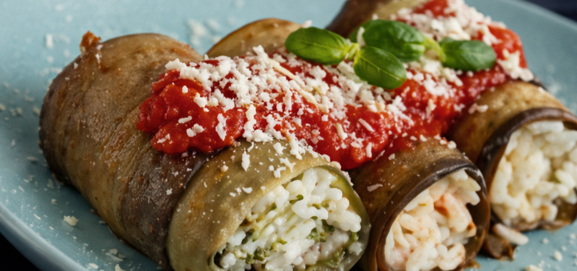 Roll de berinjela com arroz